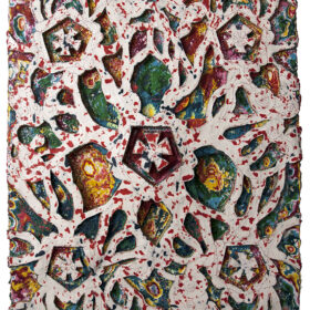 carved encaustic painting on panel